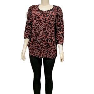 Peruvian Connection Pima Cotton Knit Sz L Sweater Pullover Red Black 3/4 Slv.#C
